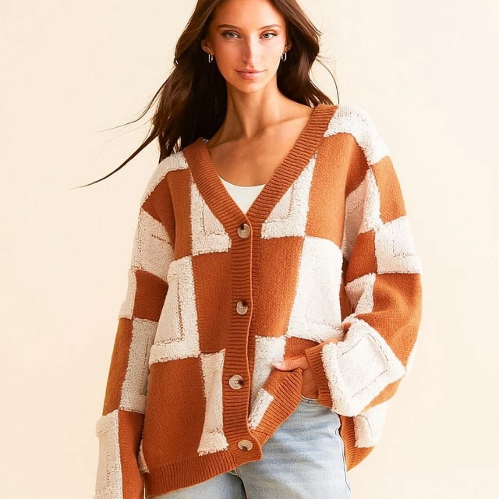 Cozy Brown and White Checkered Cardigan